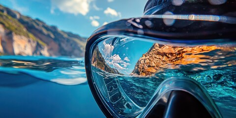 A close-up of a diver's mask and snorkel, with the reflection of a stunning underwater landscape visible in the lens 