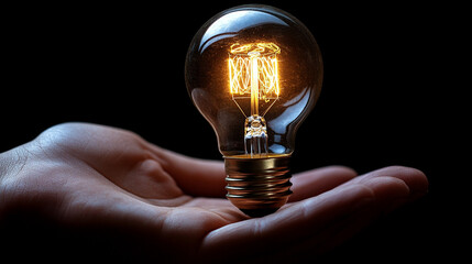 businessman holds a glowing light bulb, symbolizing innovation and bright ideas. The warm light contrasts with a professional setting, representing creativity and the spark of new possibilities in bus