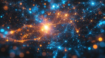 Abstract depiction of a vibrant cosmic network of blue and orange lights against a dark background.