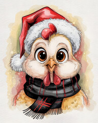 A whimsical holiday chicken wearing a festive Santa hat and cozy scarf, radiating joy and cheer during the winter season