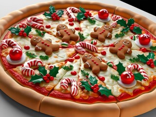 3D Festive pizza delight a unique combination of christmas treats and traditional flavors with gingerbread cookies candy canes and holly decor for a cheerful holiday feast experience