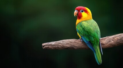 a vibrant, multi-colored parrot perched on a branch, showcasing its striking yellow, red, and green 