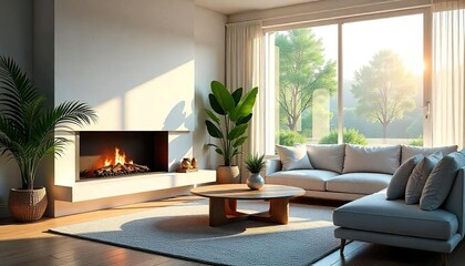 french country interior design of modern living room.A modern and minimalist living room with a fireplace, wooden coffee table, plants and wooden accents, Two chairs and sofa near fireplace