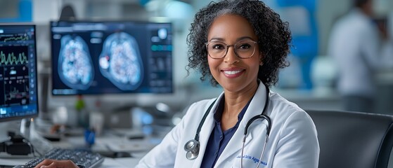 Portrait of a friendly and confident African American female doctor providing online medical consultation and patient assessment using modern telehealth technology and medical equipment in a