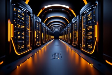 Poster - 3D-rendered illustration of a large server room with glowing, organized data racks, capturing the structured and scalable nature of data warehousing, symbolizing organization and capacity