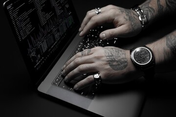 Aufkleber - Close-up of a personâ€™s hands typing code on a laptop with graphs and data sets displayed, capturing the analytical and detail-oriented nature of data mining, symbolizing precision and insight