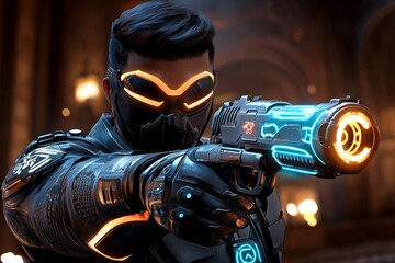 Poster - Cyberpunk assassin in neon-lit shadows, with futuristic mask and glowing weapons, capturing the intense, high-tech stealth of a neon world, symbolizing innovation and suspense