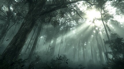 Wall Mural - Sunlight beams through the dense canopy of a misty rainforest.