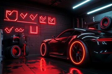 Aufkleber - Cyberpunk scene of a data dashboard with neon-lit checkmarks and clean, organized entries, capturing the vibrant, futuristic commitment to data quality, symbolizing tech and precision