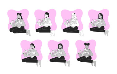 Poster - Mental health and breast cancer black and white 2D concepts set. Thriving after mastectomy. Diverse women bouquets outline illustration characters isolated. Metaphors monochrome vector collection