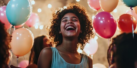 A young girl laughing with friends during a birthday party, surrounded by balloons 