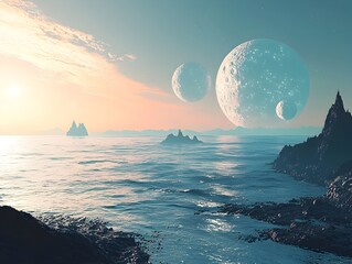 Wall Mural - serene alien planet with vibrant moons casting soft light over vast oceans and glowing alien flora