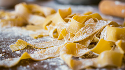 A long piece of pasta is covered in flour