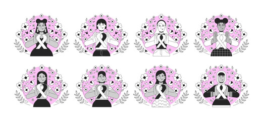Poster - International movement of pink ribbon black and white 2D concepts set. Breast cancer solidarity. Diverse women floral outline illustration characters isolated. Metaphors monochrome vector collection