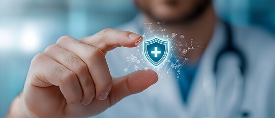 Close up of a man s finger pressing a glowing medical shield icon hologram symbolizing secure and safe healthcare services hospital treatment and advanced medical technology