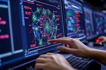 Poster - Large monitor displaying a complex web of data points, with connections highlighted in vivid colors, capturing the depth of pattern recognition in data mining, symbolizing complexity and insight