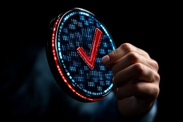 Aufkleber - Person analyzing a holographic data grid with clean, precise entries and verification icons, capturing the futuristic approach to data quality management, symbolizing innovation and assurance