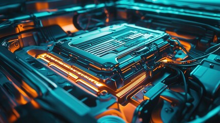 Poster - Close-up of a futuristic engine component with a glowing circuit in a high-tech automotive environment.