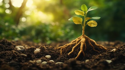 Wall Mural - Young Sprout with Roots Emerging from Soil