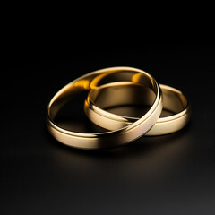 Gold wedding rings on black reflective surface