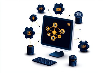 Poster - Simple icon of a computer displaying interconnected nodes, capturing the process of identifying relationships in data mining, symbolizing focus and connectivity