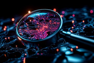 Poster - Simple outline of a magnifying glass over data points, capturing the careful search for insights in a minimalist style, symbolizing clarity and insight