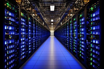 Poster - Technicians in a brightly lit server room filled with neatly arranged server racks, capturing the clean and structured environment of a data warehouse, symbolizing organization and capacity