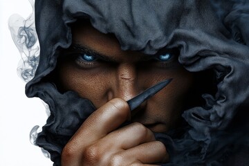 Poster - Watercolor illustration of an assassin holding a hidden blade, with subtle shading and soft shadows capturing the light and dark balance of secrecy, symbolizing mystery and depth