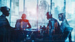 © thodonal - Business meeting with financial data overlay and futuristic cityscape