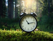 © Aurora - old alarm clock on grass, Alarm clock s in forest, green natural background. make time for nature, environment, relax concept. Daylight savings time. spring season. copy space. template