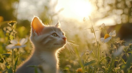 Wall Mural - Kitten in Sunset Meadow.