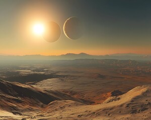 Wall Mural - twin suns reflecting on moons casting shadows across arid desert landscape in binary star system