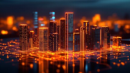 Wall Mural - Futuristic cityscape glowing with orange digital network.