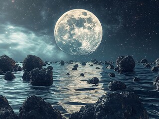 Wall Mural - massive moon shimmering over tranquil alien ocean landscape with floating asteroids