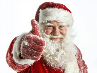  A joyful Santa Claus with a snowy beard gives a thumbs up, spreading festive cheer. Dressed in his classic red suit, he embodies the spirit of Christmas and holiday joy.