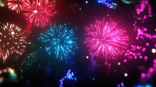 Simple Happy New Year 2025 greeting in neon colors, glowing against a dark background with fireworks and a starry sky.