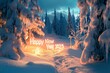 © Aa - A snowy forest with ice-covered trees, glowing icicles, and 'Happy New Year 2025' etched in the frost, Frozen Winter Wonderland
