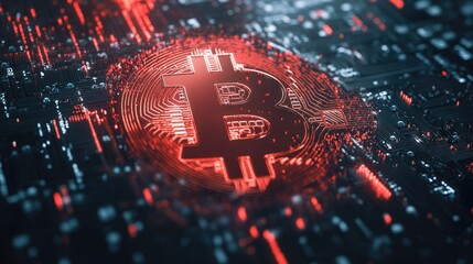 Aufkleber - Bitcoin currency symbol with red chart, downward trend line, crypto price fall concept
