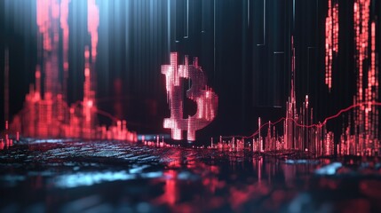 Aufkleber - Bitcoin currency symbol with red chart, downward trend line, crypto price fall concept