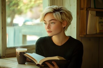 Poster - Portrait photo of a woman sitting with a book and coffee at a small cafe table, thoughtfully gazing out the window, warm natural light