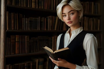 Poster - Portrait photo of a woman sitting with a book and coffee at a small cafe table, thoughtfully gazing out the window, warm natural light