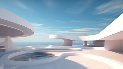 Poster - Abstract architecture scene with smooth curves. Abstract background with futuristic building in white and blue colors.