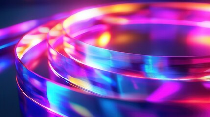 Poster - Close-up of vibrant, iridescent circular strips showcasing vivid blue and pink hues, creating a mesmerizing abstract design.