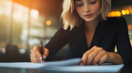 Poster - Candid photo of a woman analyzing a document in a quiet moment during a meeting, light creating a relaxed and focused ambiance