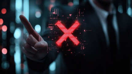 Poster - Businessperson with red X in hand, holographic overlay showing fail mark in audit theme