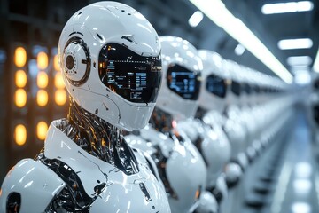 Poster - A futuristic display of humanoid robots lined up, showcasing advanced technology and sleek design in a high-tech environment.