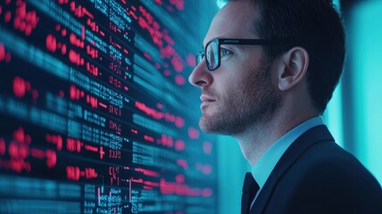 Poster - A focused professional examines digital data displayed on a wall, surrounded by glowing patterns in red and blue hues.