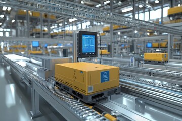 Poster - A robotic cart transporting packages along a conveyor in a modern warehouse, highlighting automation and efficiency in logistics.