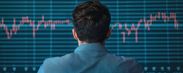 Poster - A person analyzes stock market data, observing a chart with fluctuating graphs in a tech-focused environment.