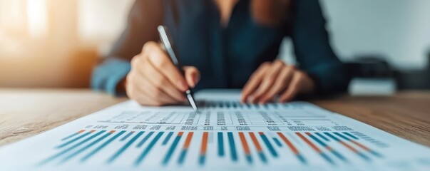 Poster - A person analyzing data on a document covered with colorful graphs and charts, using a pen for detailed notes.